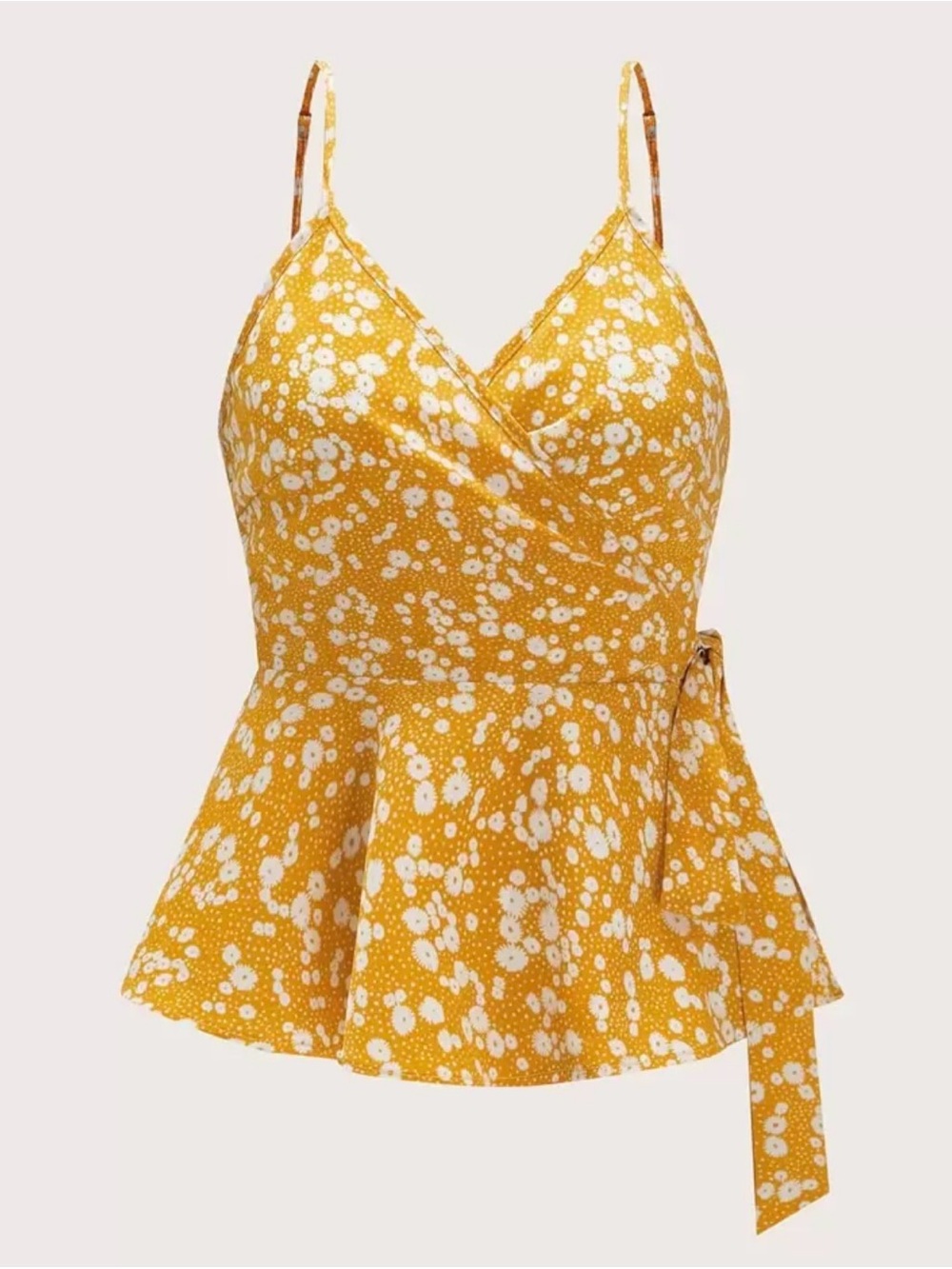 910. SHEIN MOD Ditsy Peplum Wrap V-Neck Cami Tank Top Yellow Floral Large Summer